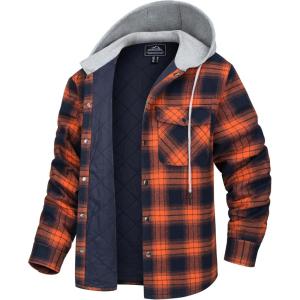 imageMAGCOMSEN Mens Quilted Lined Flannel Hoodie Jacket Cotton Button Down Shirt Jacket Long Sleeve Plaid Shirt ShacketOrange