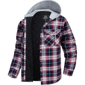imageMAGCOMSEN Mens Quilted Lined Flannel Hoodie Jacket Cotton Button Down Shirt Jacket Long Sleeve Plaid Shirt ShacketRed