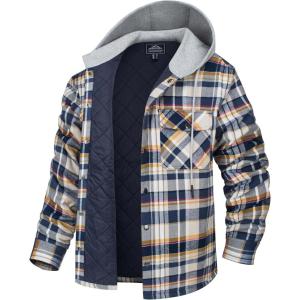 imageMAGCOMSEN Mens Quilted Lined Flannel Hoodie Jacket Cotton Button Down Shirt Jacket Long Sleeve Plaid Shirt ShacketYellow