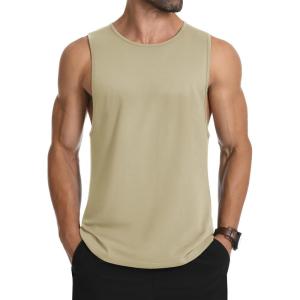 imageMAGCOMSEN Mens Tank Top Cotton Sleeveless Muscle Cut Off T Shirts Gym Workout Tank Tops Summer Beach TanksKhaki