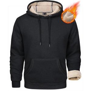 imageMAGCOMSEN Mens Heavy Hoodie Sherpa Fleece Lined Pullover Thick Winter Hooded SweatshirtBlack