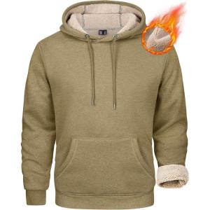 imageMAGCOMSEN Mens Heavy Hoodie Sherpa Fleece Lined Pullover Thick Winter Hooded SweatshirtKhaki