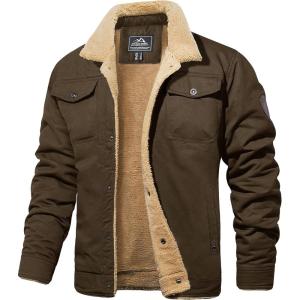imageMAGCOMSEN Mens Winter Jacket Lined Sherpa Jacket Warm Trucker Coat Multi PocketBrown