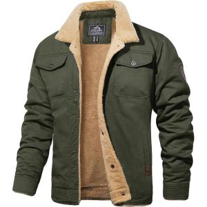 imageMAGCOMSEN Mens Winter Jacket Lined Sherpa Jacket Warm Trucker Coat Multi PocketGreen
