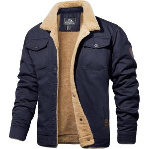 imageMAGCOMSEN Mens Winter Jacket Lined Sherpa Jacket Warm Trucker Coat Multi PocketNavy
