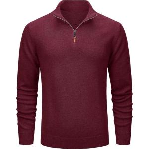 imageMAGCOMSEN Mens Quarter Zip Pullover Sweaters Casual Knit Polo Sweaters Fall Winter SweatshirtsWine Red