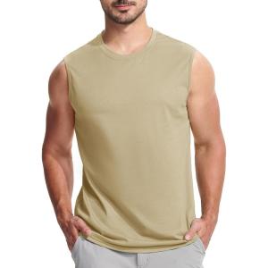 imageMAGCOMSEN Mens Tank Top Cotton Muscle Workout Gym Shirts Moisture Wicking Lightweight Summer Casual Sleeveless ShirtsKhaki