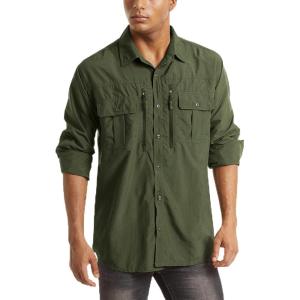 imageMAGCOMSEN Mens UPF 50 Sun Protection Shirts Button Down Long Sleeve Shirt for Hiking Fishing SafariArmy Green