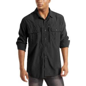 imageMAGCOMSEN Mens UPF 50 Sun Protection Shirts Button Down Long Sleeve Shirt for Hiking Fishing SafariBlack