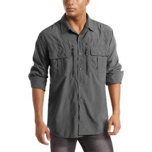 imageMAGCOMSEN Mens UPF 50 Sun Protection Shirts Button Down Long Sleeve Shirt for Hiking Fishing SafariDark Grey