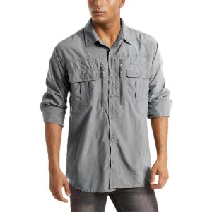 imageMAGCOMSEN Mens UPF 50 Sun Protection Shirts Button Down Long Sleeve Shirt for Hiking Fishing SafariGrey