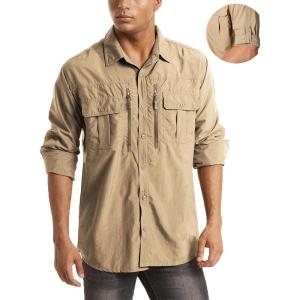 imageMAGCOMSEN Mens UPF 50 Sun Protection Shirts Button Down Long Sleeve Shirt for Hiking Fishing SafariKhaki