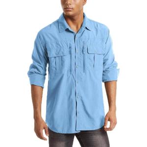 imageMAGCOMSEN Mens UPF 50 Sun Protection Shirts Button Down Long Sleeve Shirt for Hiking Fishing SafariSky Blue