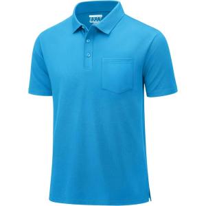 imageMAGCOMSEN Mens Polo Shirts with Pocket Cotton Pique Short Sleeve Collared Shirt Moisture Wicking Golf Shirts 3Button ShirtsAzure