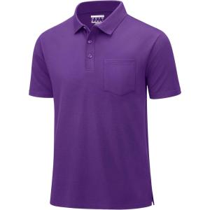 imageMAGCOMSEN Mens Polo Shirts with Pocket Cotton Pique Short Sleeve Collared Shirt Moisture Wicking Golf Shirts 3Button ShirtsPurple