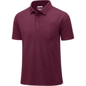 imageMAGCOMSEN Mens Polo Shirts with Pocket Cotton Pique Short Sleeve Collared Shirt Moisture Wicking Golf Shirts 3Button ShirtsWine Red