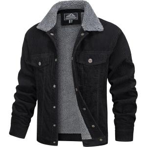 imageMAGCOMSEN Mens Corduroy Jacket Sherpa Lined Trucker Jackets Cotton TurnDown Collar Warm Winter Jacket Casual Coat 5 PocketsBlack