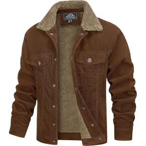 imageMAGCOMSEN Mens Corduroy Jacket Sherpa Lined Trucker Jackets Cotton TurnDown Collar Warm Winter Jacket Casual Coat 5 PocketsBrown