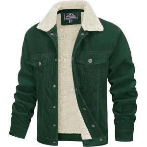 imageMAGCOMSEN Mens Corduroy Jacket Sherpa Lined Trucker Jackets Cotton TurnDown Collar Warm Winter Jacket Casual Coat 5 PocketsEmerald Green