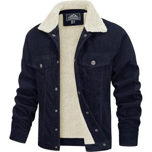 imageMAGCOMSEN Mens Corduroy Jacket Sherpa Lined Trucker Jackets Cotton TurnDown Collar Warm Winter Jacket Casual Coat 5 PocketsNavy