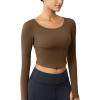 imageMAGCOMSEN Long Sleeve Workout Shirts for Women Crop Yoga Top Athletic Slim Fit Cropped Tight Pilates Dance Fitted Gym Top Brown L
