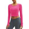 imageMAGCOMSEN Womens Long Sleeve Crop Workout Tops Slim Fit Yoga Gym Shirts Athletic with Thumb HolesRose Red
