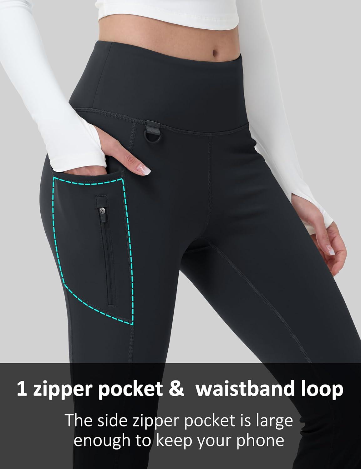 imageMAGCOMSEN Womens Fleece Lined Flare Leggings Waterproof Insulated Winter Pants Hiking Yoga Bootcut Leggings 3 PocketsBlack