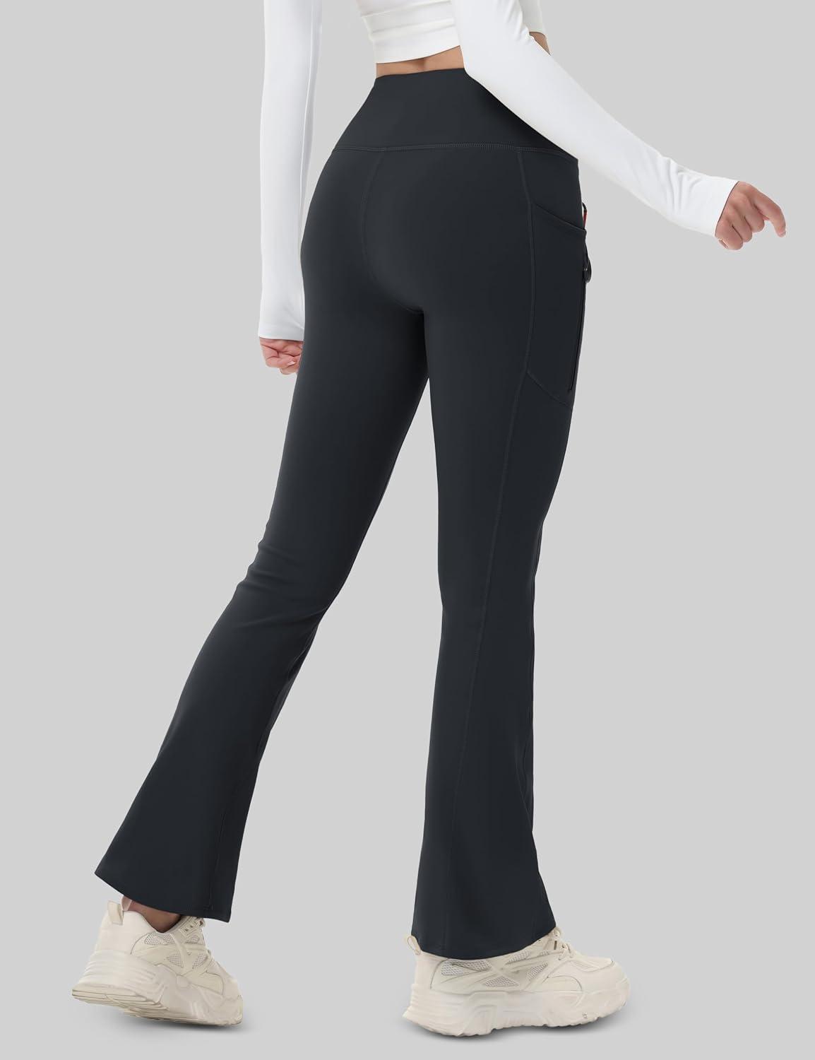 imageMAGCOMSEN Womens Fleece Lined Flare Leggings Waterproof Insulated Winter Pants Hiking Yoga Bootcut Leggings 3 PocketsBlack