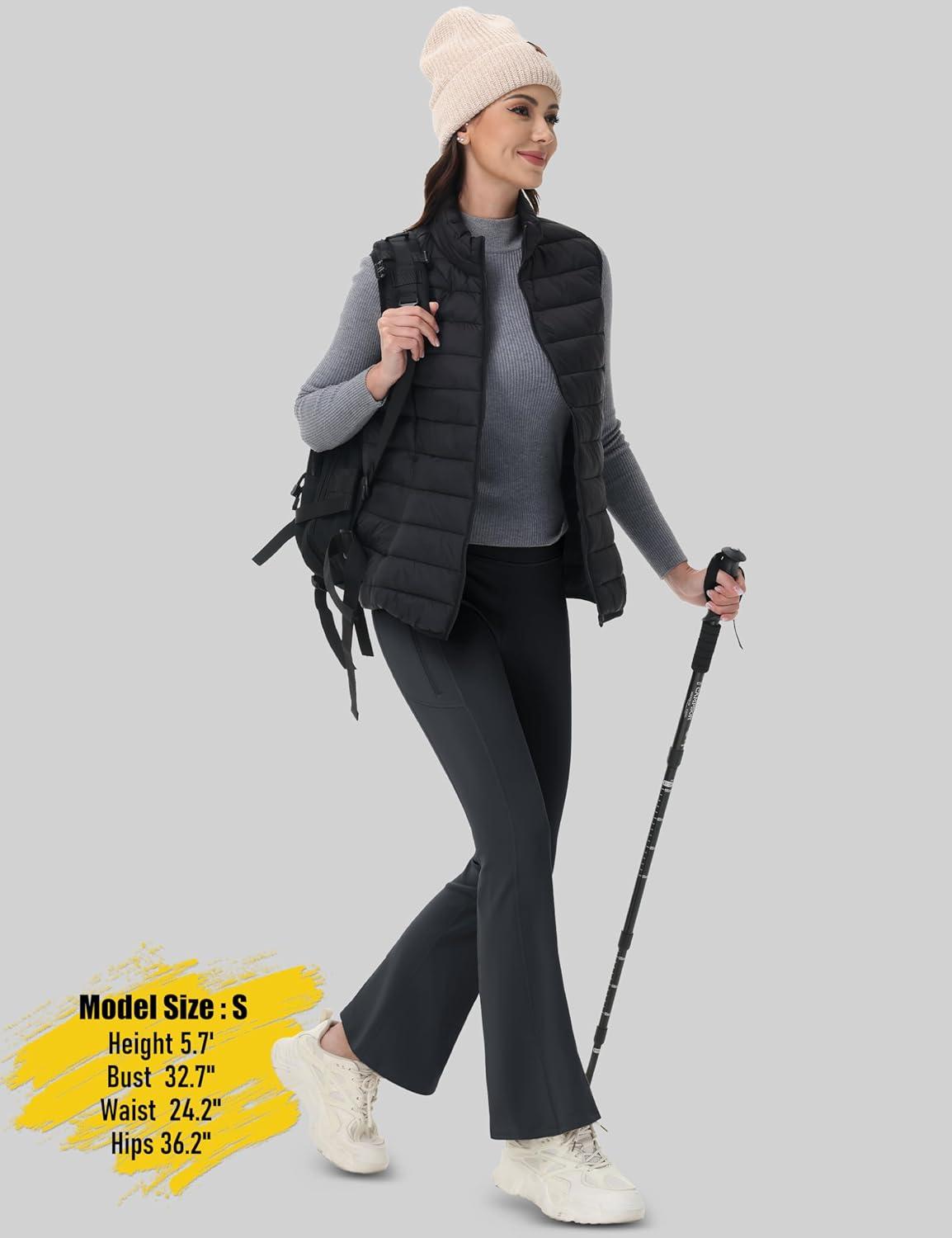 imageMAGCOMSEN Womens Fleece Lined Flare Leggings Waterproof Insulated Winter Pants Hiking Yoga Bootcut Leggings 3 PocketsBlack