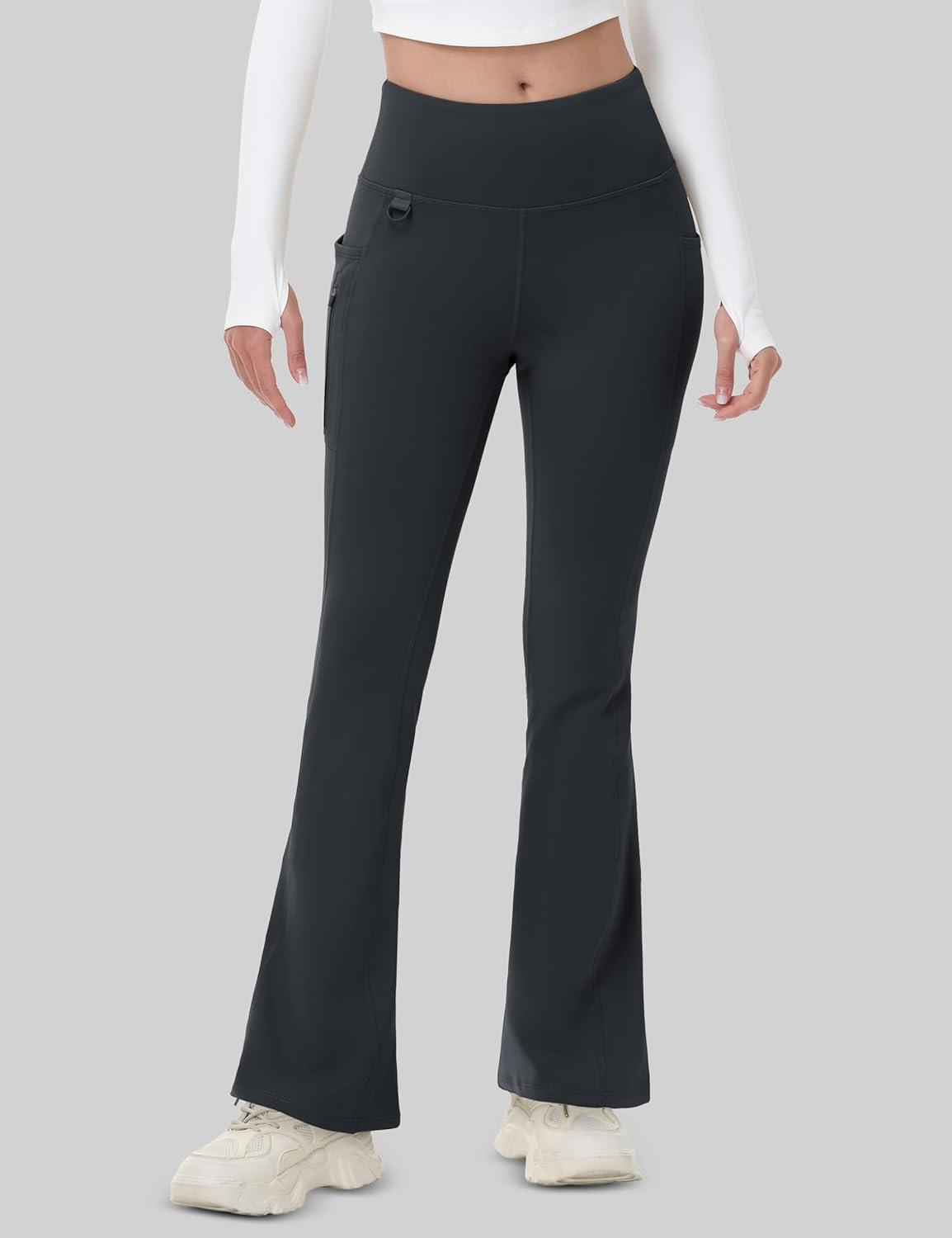 imageMAGCOMSEN Womens Fleece Lined Flare Leggings Waterproof Insulated Winter Pants Hiking Yoga Bootcut Leggings 3 PocketsBlack