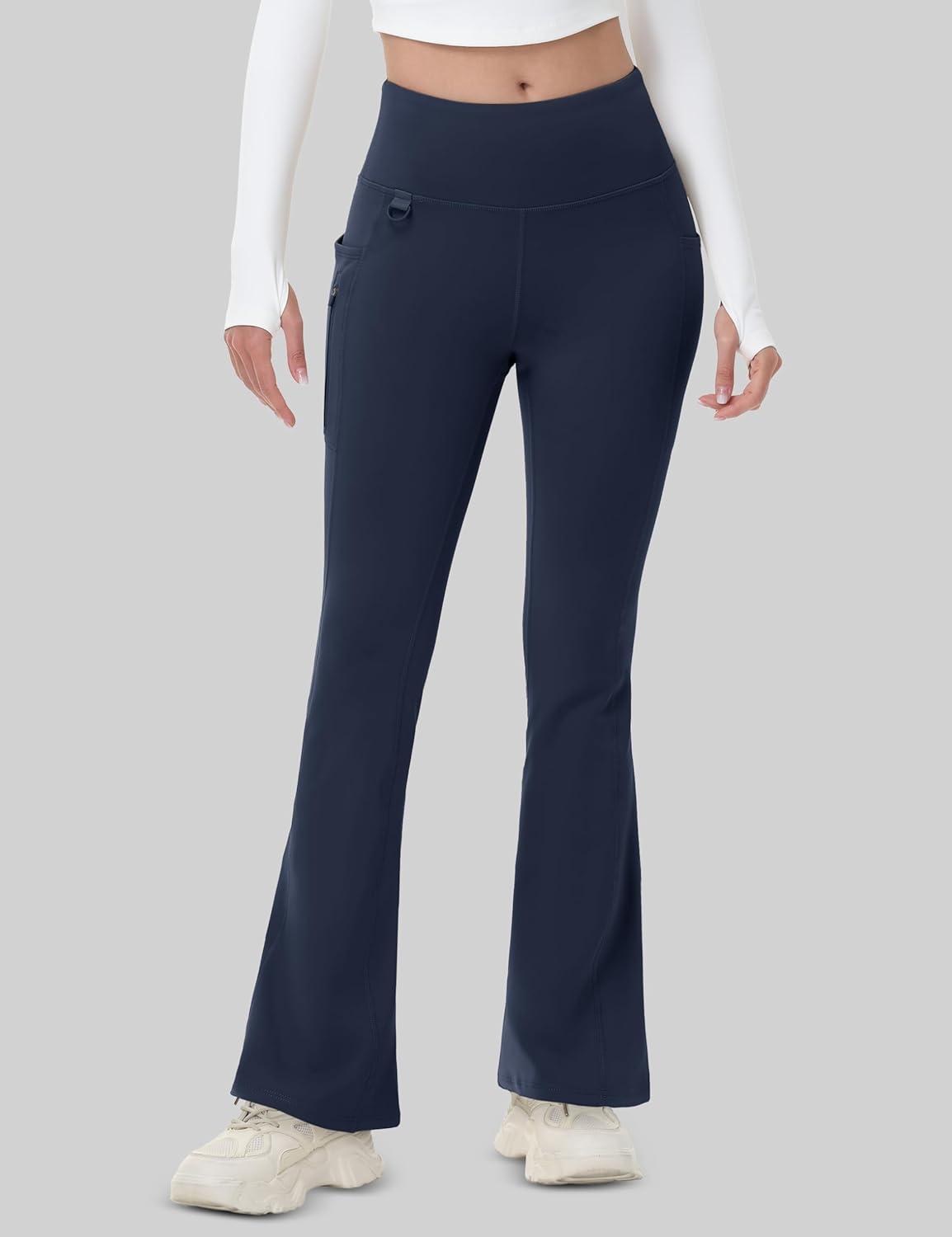 imageMAGCOMSEN Womens Fleece Lined Flare Leggings Waterproof Insulated Winter Pants Hiking Yoga Bootcut Leggings 3 PocketsNavy