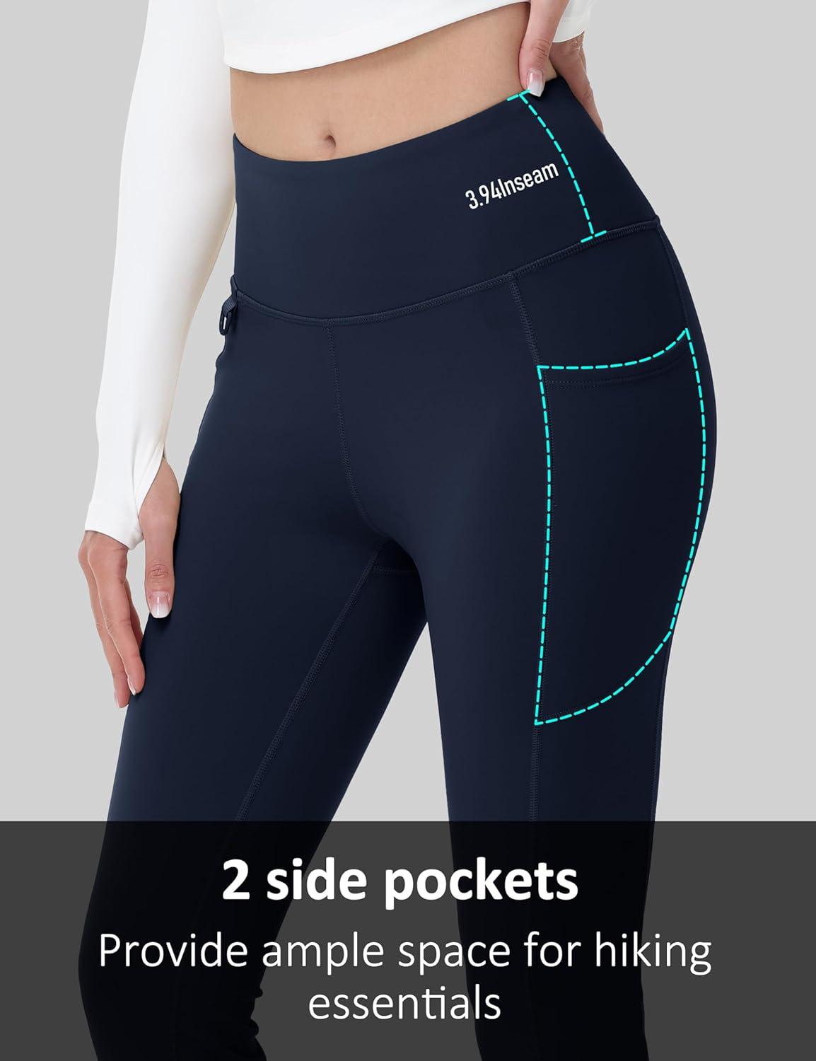 imageMAGCOMSEN Womens Fleece Lined Flare Leggings Waterproof Insulated Winter Pants Hiking Yoga Bootcut Leggings 3 PocketsNavy
