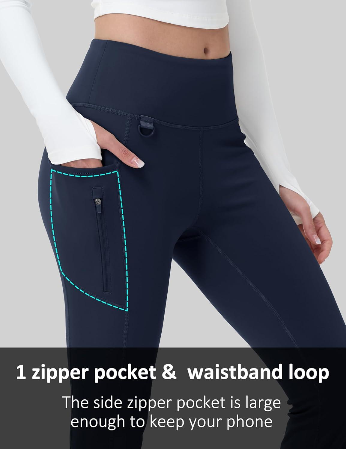 imageMAGCOMSEN Womens Fleece Lined Flare Leggings Waterproof Insulated Winter Pants Hiking Yoga Bootcut Leggings 3 PocketsNavy