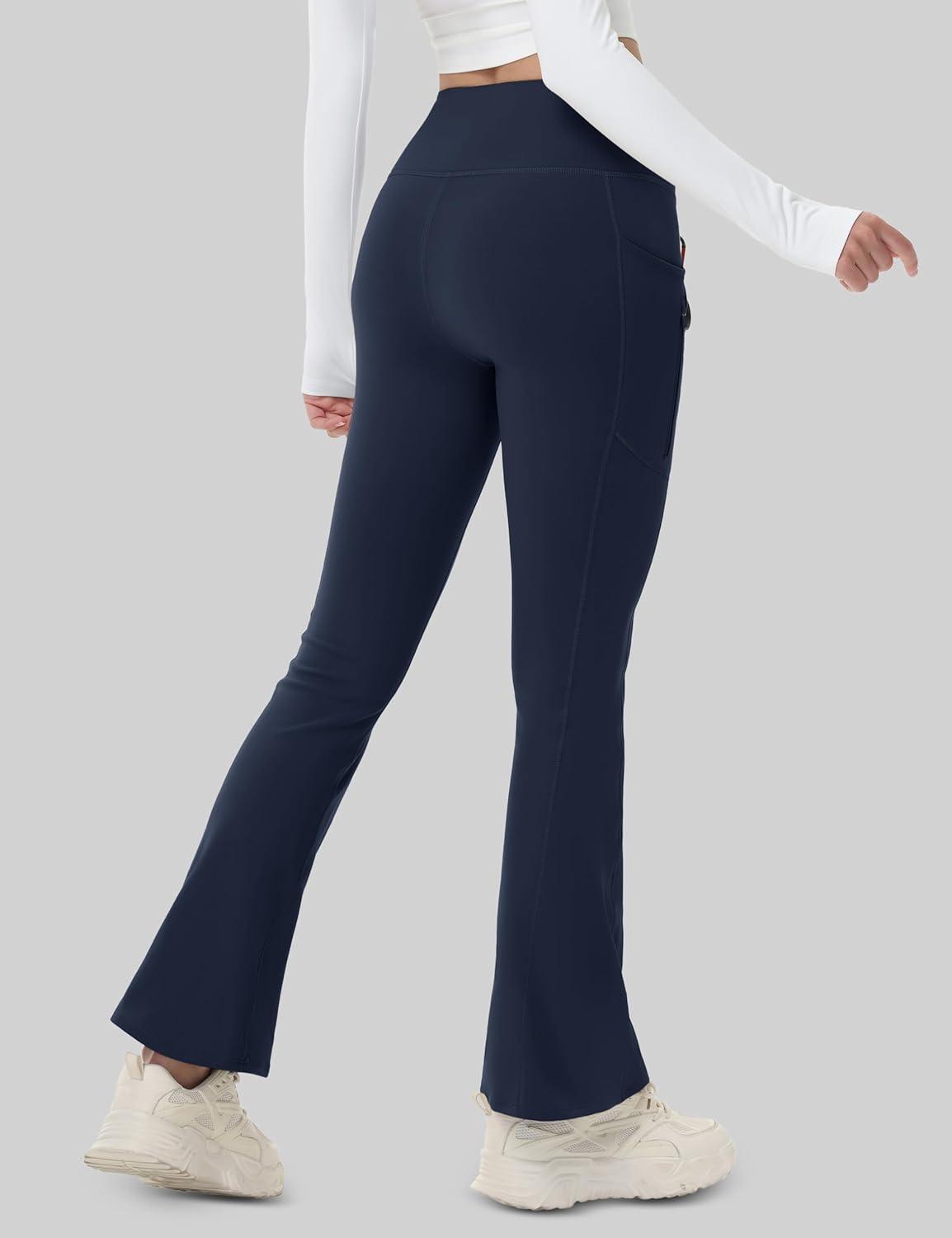 imageMAGCOMSEN Womens Fleece Lined Flare Leggings Waterproof Insulated Winter Pants Hiking Yoga Bootcut Leggings 3 PocketsNavy