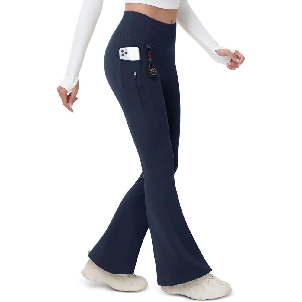 imageMAGCOMSEN Womens Fleece Lined Flare Leggings Waterproof Insulated Winter Pants Hiking Yoga Bootcut Leggings 3 PocketsNavy