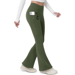 imageMAGCOMSEN Womens Fleece Lined Flare Leggings Waterproof Insulated Winter Pants Hiking Yoga Bootcut Leggings 3 PocketsArmy Green