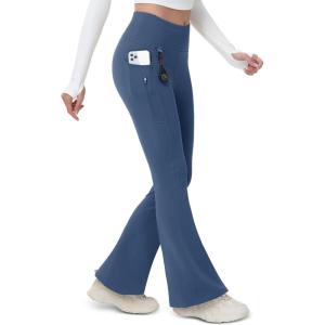 imageMAGCOMSEN Womens Fleece Lined Flare Leggings Waterproof Insulated Winter Pants Hiking Yoga Bootcut Leggings 3 PocketsBlue Grey