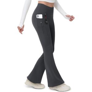 imageMAGCOMSEN Womens Fleece Lined Flare Leggings Waterproof Insulated Winter Pants Hiking Yoga Bootcut Leggings 3 PocketsGrey