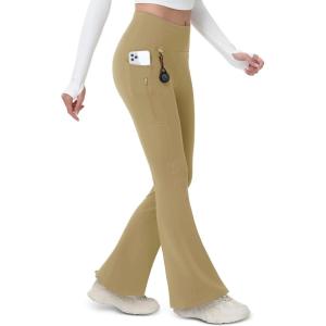 imageMAGCOMSEN Womens Fleece Lined Flare Leggings Waterproof Insulated Winter Pants Hiking Yoga Bootcut Leggings 3 PocketsKhaki