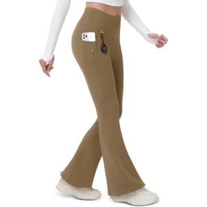 imageMAGCOMSEN Womens Fleece Lined Flare Leggings Waterproof Insulated Winter Pants Hiking Yoga Bootcut Leggings 3 PocketsLight Brown
