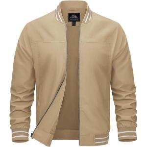 imageMAGCOMSEN Mens Bomber Jacket Lightweight Casual Zip Up Windbreaker Spring Fall Golf Coat with PocketsKhaki
