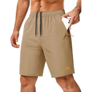 imageMAGCOMSEN Mens Hiking Shorts 9quot Quick Dry Lightweight Running Shorts with Zipper Pockets for Workout Athletic SportKhaki