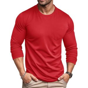 imageMAGCOMSEN Mens Long Sleeve Shirt with Pocket Cotton Crew Neck Shirts Casual Lightweight TShirt15red