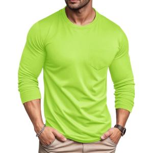 imageMAGCOMSEN Mens Long Sleeve Shirt with Pocket Cotton Crew Neck Shirts Casual Lightweight TShirt20fluorescent Green