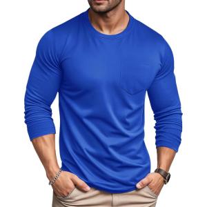 imageMAGCOMSEN Mens Long Sleeve Shirt with Pocket Cotton Crew Neck Shirts Casual Lightweight TShirt22color Blue