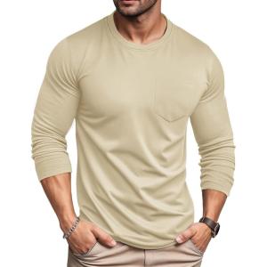 imageMAGCOMSEN Mens Long Sleeve Shirt with Pocket Cotton Crew Neck Shirts Casual Lightweight TShirt23apricot