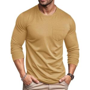 imageMAGCOMSEN Mens Long Sleeve Shirt with Pocket Cotton Crew Neck Shirts Casual Lightweight TShirt24earthy Yellow