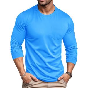 imageMAGCOMSEN Mens Long Sleeve Shirt with Pocket Cotton Crew Neck Shirts Casual Lightweight TShirt25azure