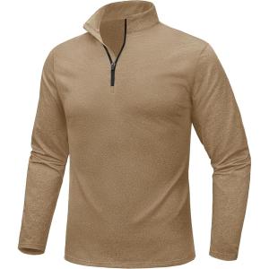 imageMAGCOMSEN Mens Quarter Zip Pullover Fleece Lined Long Sleeve Golf Shirts 14 Zip Thermal Running Athletic SweatshirtsKhaki
