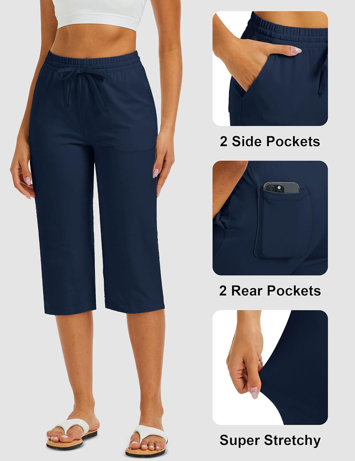 imageMAGCOMSEN Womens Capri Pants Cotton Yoga Wide Leg Capris Loose Casual Lounge Workout Capri Sweatpants with 5 PocketsNavy Blue